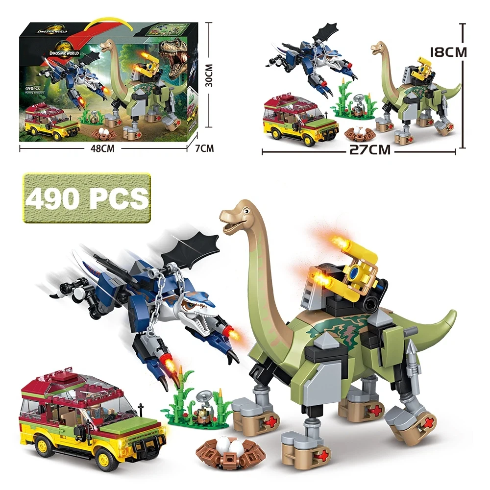 

490PCS MOC Dinosaur Battle Park Building Blocks Dinosaur Car Simulated Plant Model Bricks Creative Educational Toy for Kids Gift