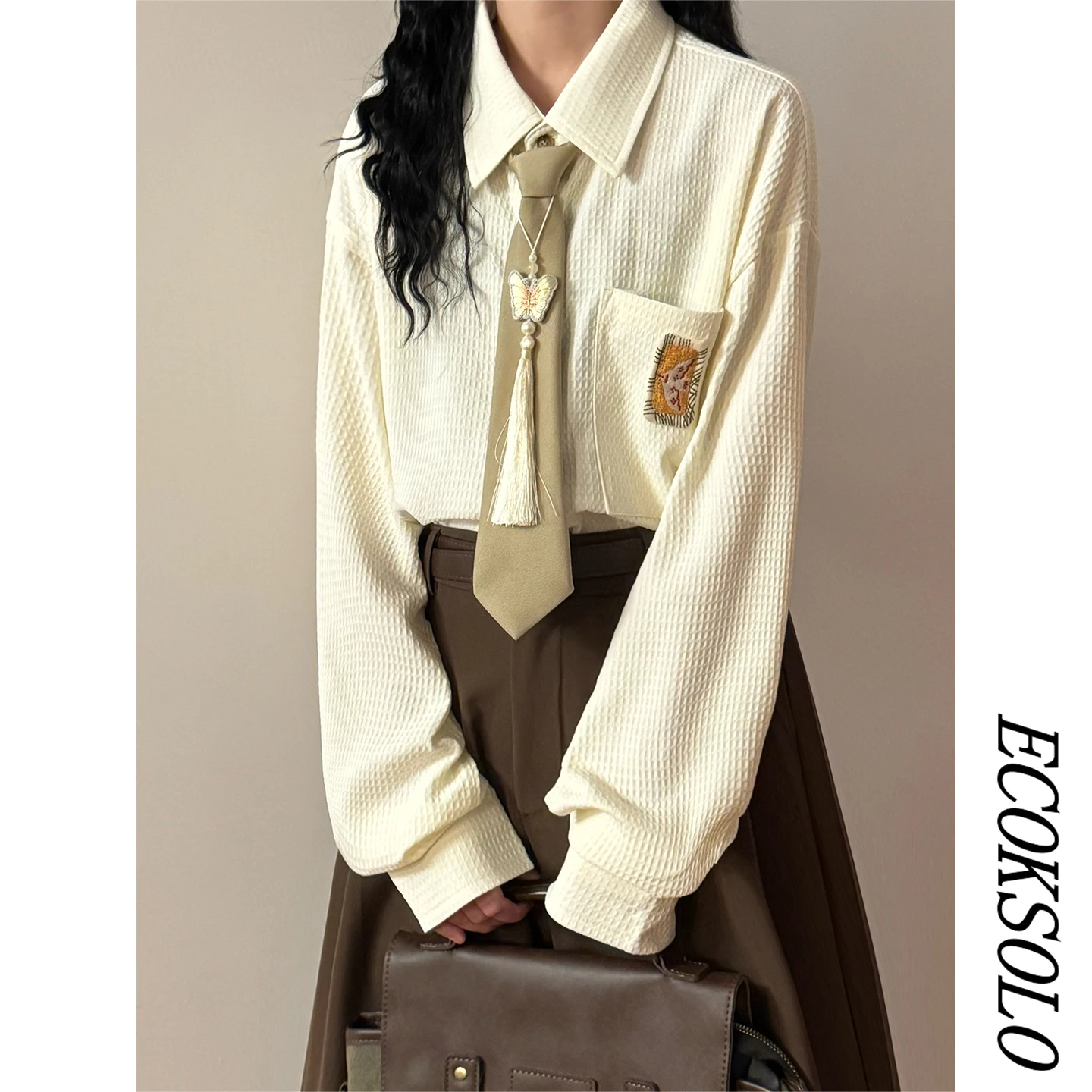 Loose Long Sleeve Pure Color American Style Casual Shirt Design Sense Autumn Collection Women's Fashion T-shirt ECOKSOLO2026
