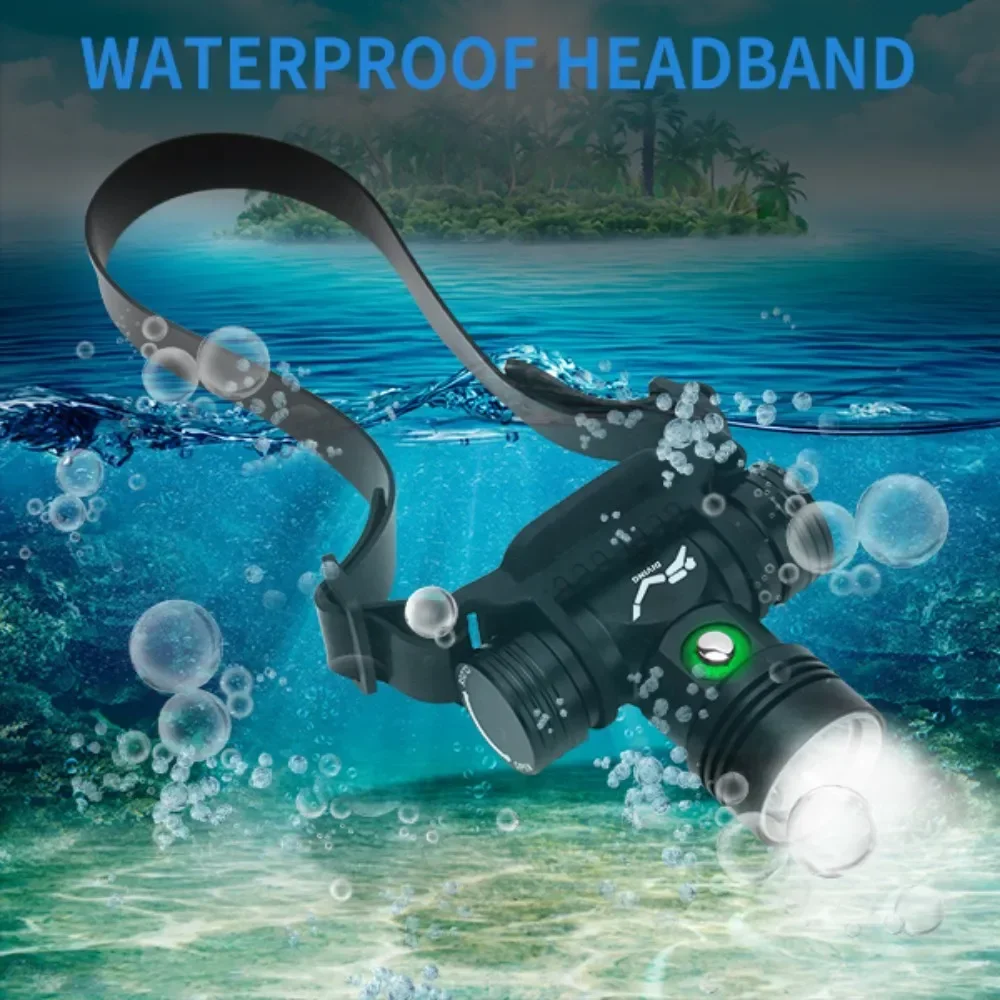 BORUiT B14 1200LM LED Scuba Diving Headlamp IPX8 Waterproof Underwater 60M Headlight 3-Mode Use 18650 Battery Diving Light