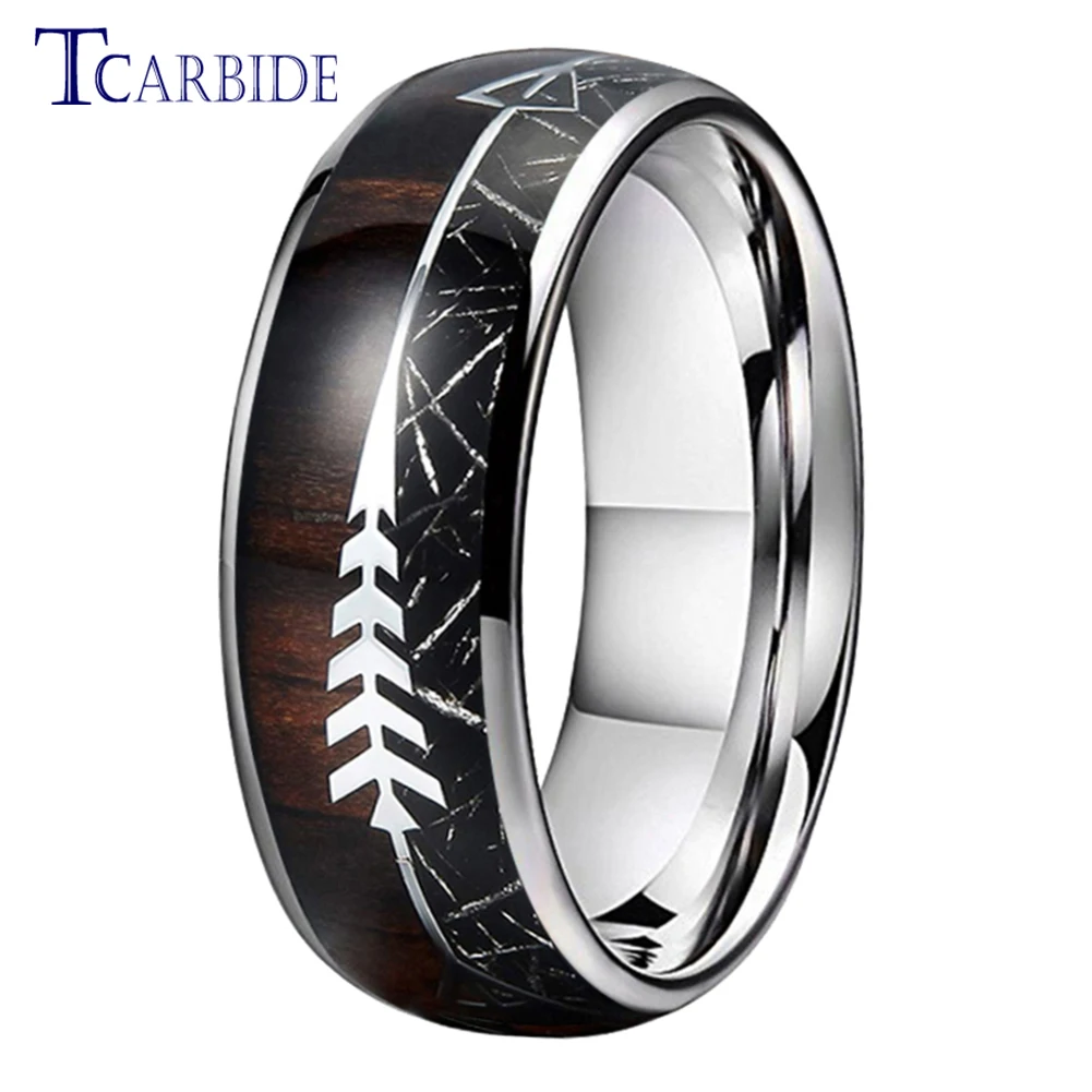 8MM Black Tungsten Wedding Band For Men Women Domed With Arrow Koa Wood Meteorite Inlay Romantic Gift Jewelry Comfort Fit