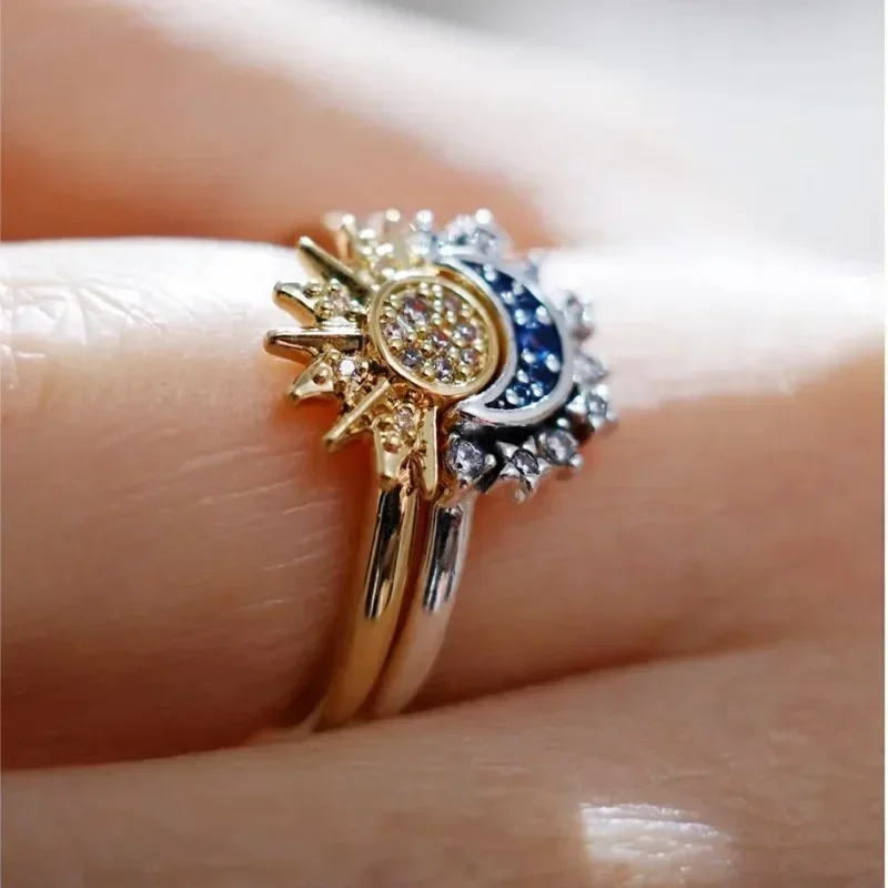 New Trendy Sun Moon Hug Couple Rings for Women Men Charm Crystal Zircon Opening Adjustable Wedding Jewelry Set Anniversary Gift