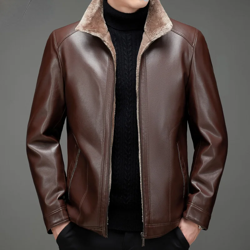 

Genuine Leather Jacket Men Clothing Lapel Autumn Winter Plush Men's Jackets Business Casual Loose Coat Chaquetas Hombre