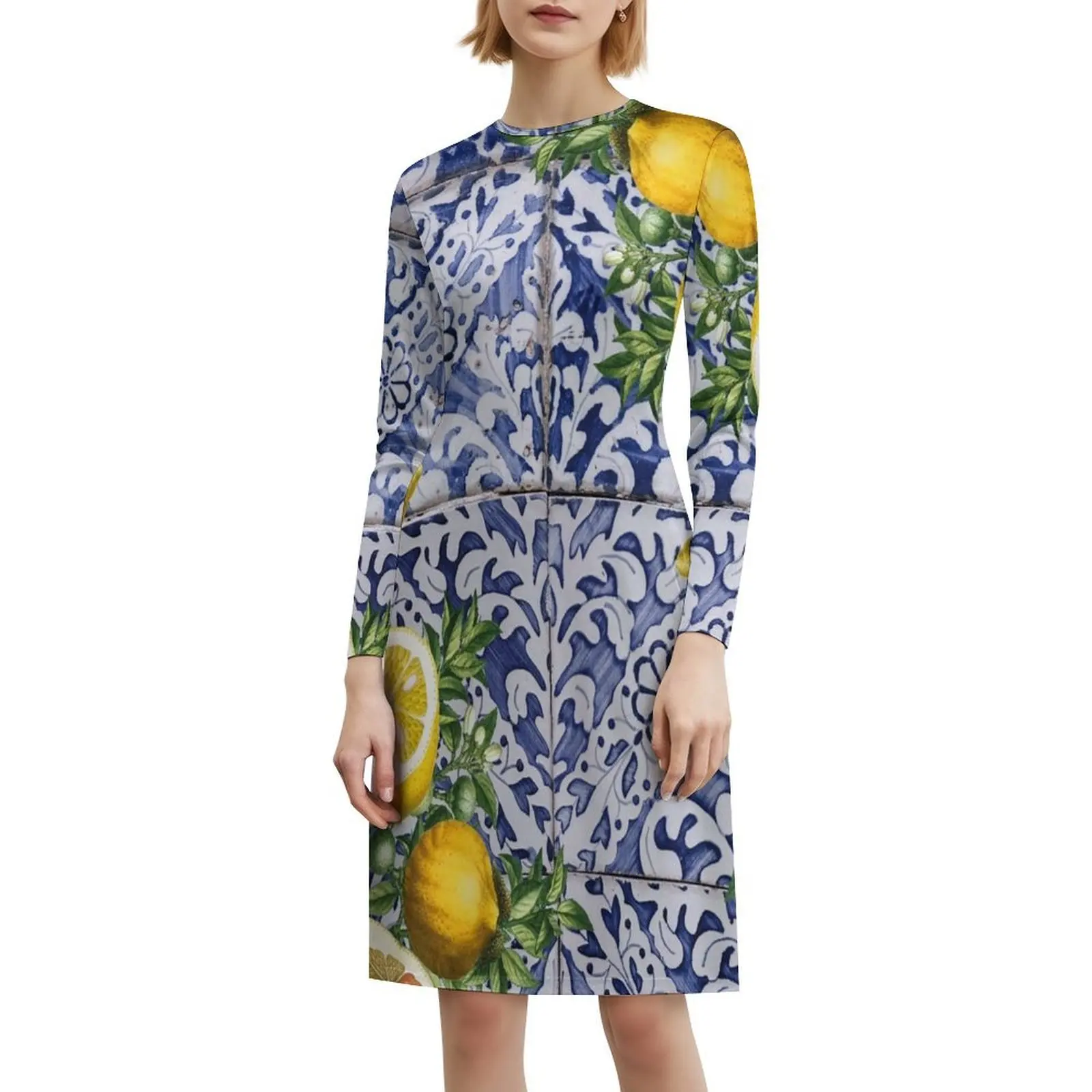 الليمون البحر الأبيض المتوسط الصيف البرتغالية البلاط خمر فستان بوهيمي نفخة الأكمام أو خيارات بلا أكمام لفستان المرأة #6