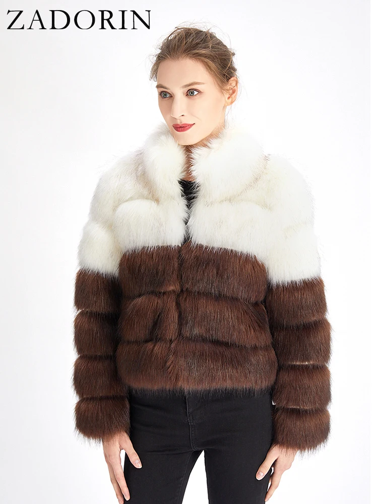 ZADORIN New Designer Women Winter Coat 2024 Stand Collar Contrast Colors Warm Fluffy Faux Fox Fur Coat Women Fur Jacket Coats