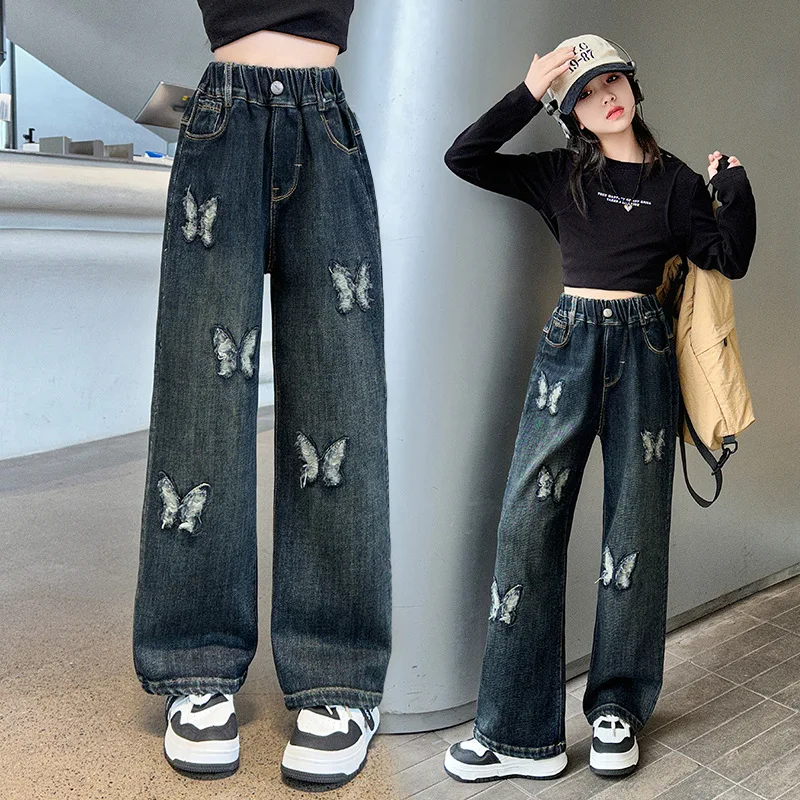Fashion Girls' Ripped Bow Jeans Spring Autumn 2026 New Style Casual Loose Straight Wide Leg Denim Pants for Teenage Children  ﻿