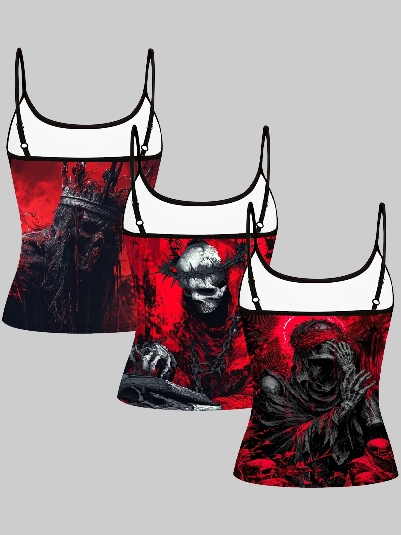 European and American Gothic Red and Black Death Skull 3-Piece Set Camisole for Women Dark Punk Style Summer Slim Fit Sleeveless Top