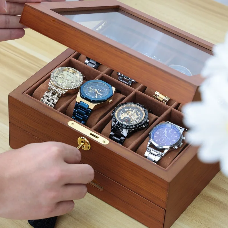 Wooden Watch Case Storage Box with Lock Jewelry Organizer Watch Box Travel Portable Transparent Cover Watches Display Case