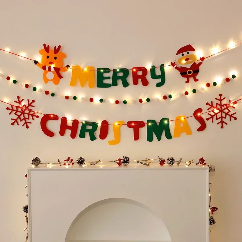 

LED String Light Decorated Merry Christmas Hanging Home Room Background Pull Flag Banner Christmas Pendant Holiday Lighting