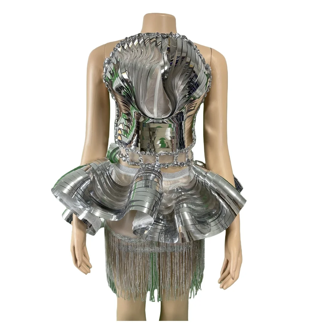 

Women Sparkly Silver Sequins Nightclub Party Cheerleader Dress Show Performance Tassel Costume Stage Wear Drag Queen Outfit