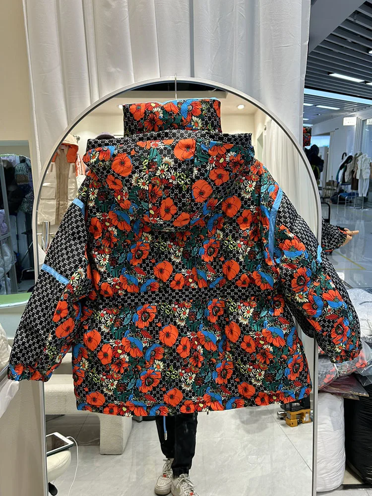 Abrigo grueso con estampado Floral para mujer, parka holgada con capucha, chaqueta acolchada y cálida, ropa de invierno, 2024