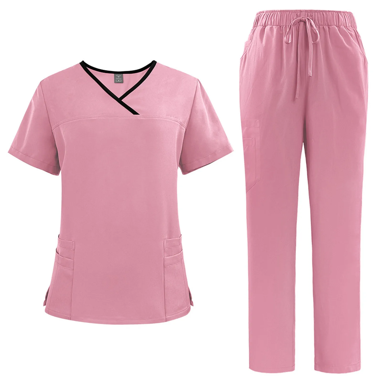 

Women'S Nurse Uniform Quick-Drying Fabric Solid Color V-Neck With Black Edge Pockets Short-Sleeved Trousers Suit Work Clothes