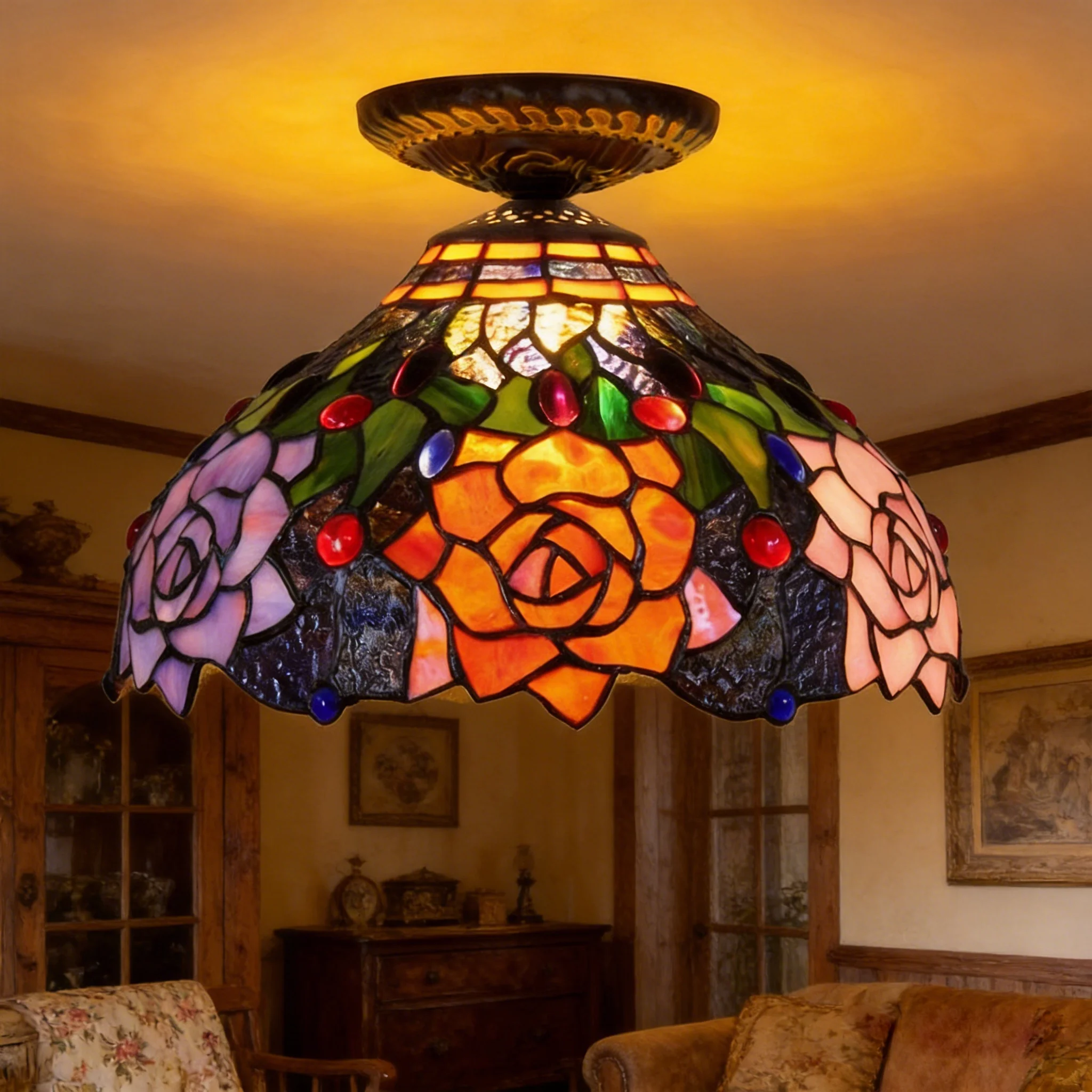 Tiffany Ceiling Lights, Stained Glass Ceiling Light 12 Inch Red Rose Ceiling Light for Bedroom Dining Living Room Entryway Foyer