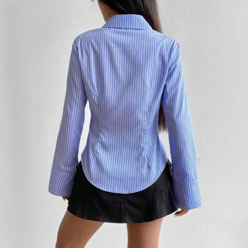 Klassische gestreifte langärmelige Bluse, Patchwork-Hemd mit Knopfleiste für Damen, dünner Umlegekragen, Retro-Chic-Oberteil – Detail 2