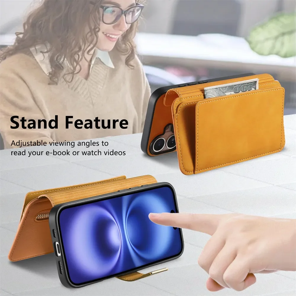 Luxury Case For iPhone 17 17E 16E 16 15 14 13 12 11 Pro Max Xs Xr 7 8 Plus SE 2022 2In1 Detachable Leather Zipper Wallet Cover