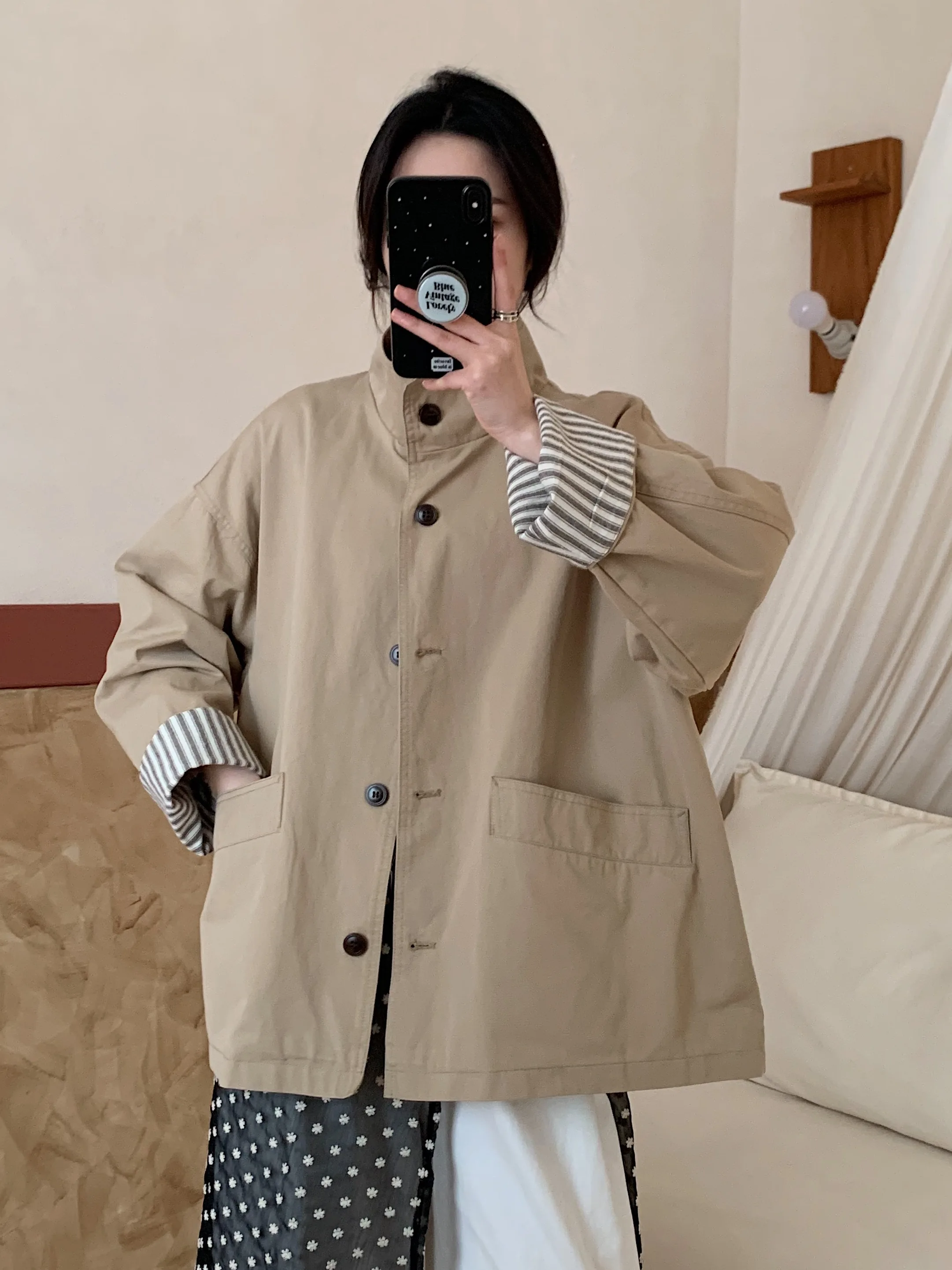 

Новая весенняя корейская высококачественная свободная женская рабочая ветровка с воротником-стойкой и полосатыми вставками, 100% хлопок