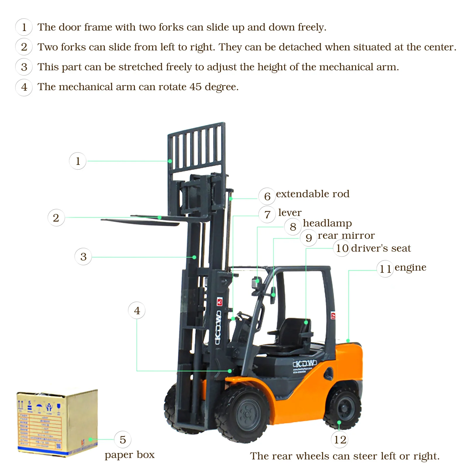 KDW 1/20 Car Model Forklift Truck Alloy Model Fork Truck Vehicle Model Engineering Car Metal Fork Lift Toy Boy Gift