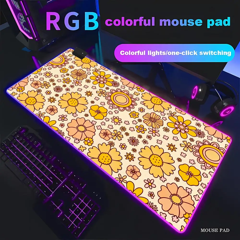 HYBXAXC Cute Retro Flower Print Mouse Pad Non-slip Rubber Base for Office Gaming  RGB Mouse Pad Gamer Large LED Light Computer