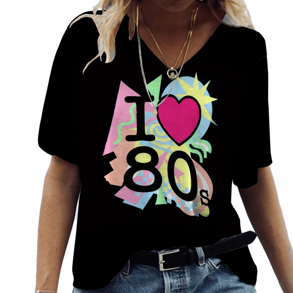 

Women Fashion Short Seeve T Shirt V-neck Cotton 3d Love 80s Printed Tee Shirt Harajuku Summer Vintage Femme Loose Ladies Clothes