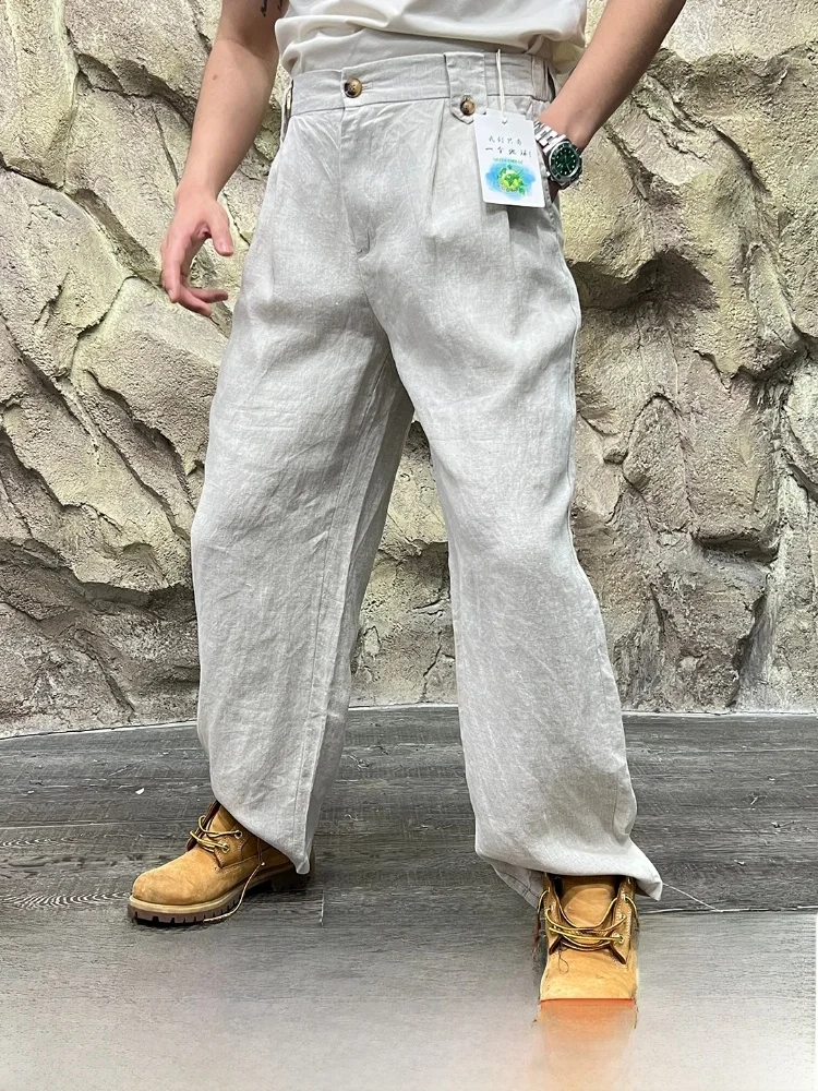 

Cool Breathable Linen Men's Summer High Waist Straight Leg Casual Pants Vintage Loose Fit Long Trousers Busin Casual Sle