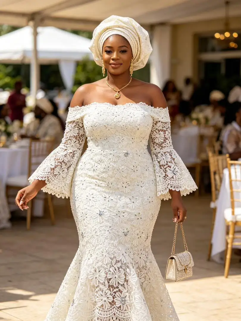 

White Fabrics Luxurious Full Lace Wedding Dress Elegant Off shoulder Long Sleeve Mermaid Bridal Lace Fabric For Wedding G130-2