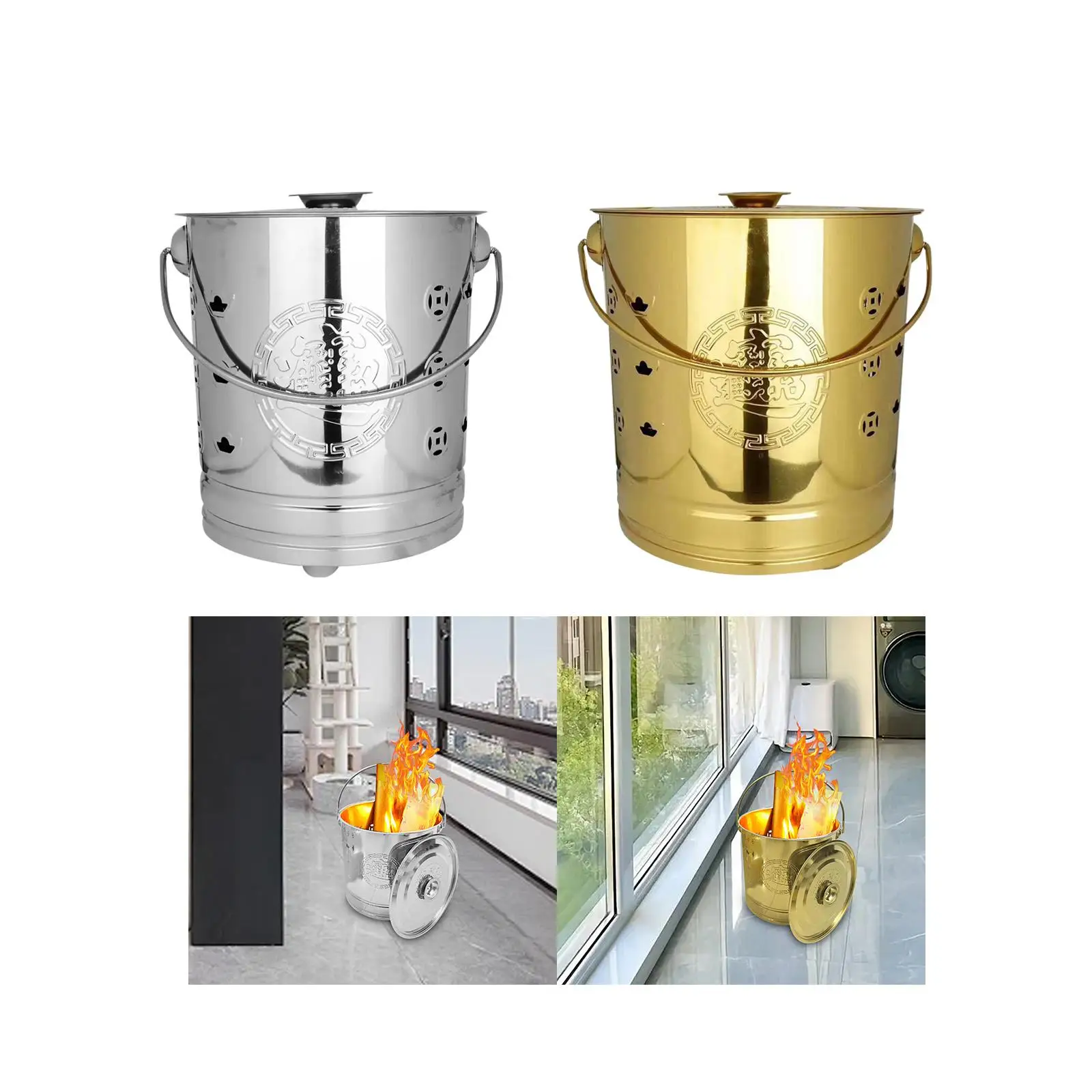 Paper Money, Burning Barrel, Garden Brazier,Burning Paper Bucket with Lid and Handle,Fireplace Bucket for Yard Waste Trash