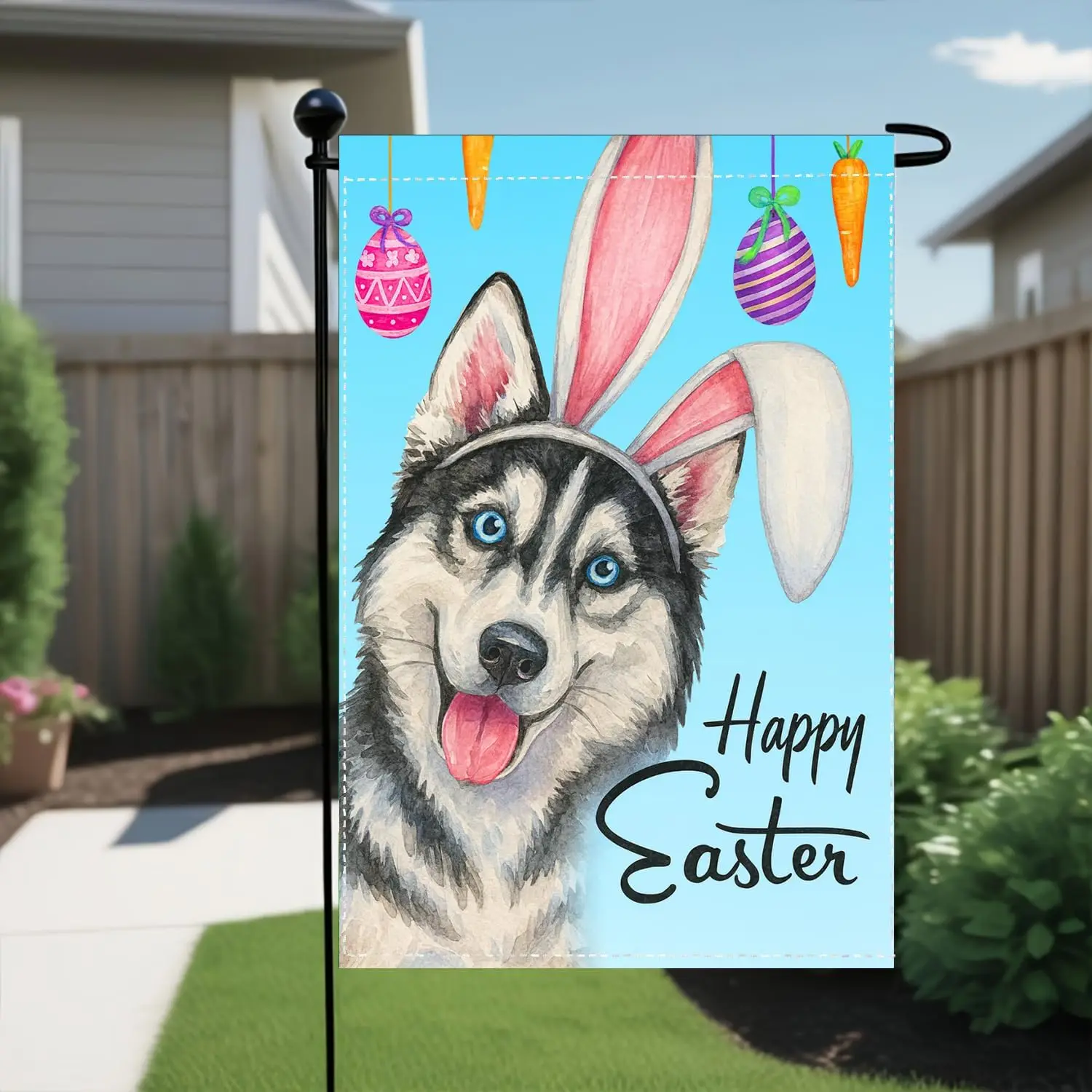 Funny Easter Husky Garden Flag 12x18 Double Sided Cute Dog Wearing Bunny Ears Happy Easter Yard Flag Outdoor Spring Pet Love ZZM
