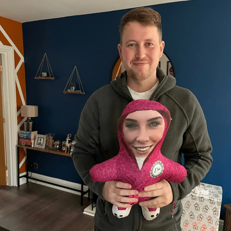 1Personalized mini plush doll with customized facial photo printing, pink pajamas paired with leopard print and ribbon bow, soft