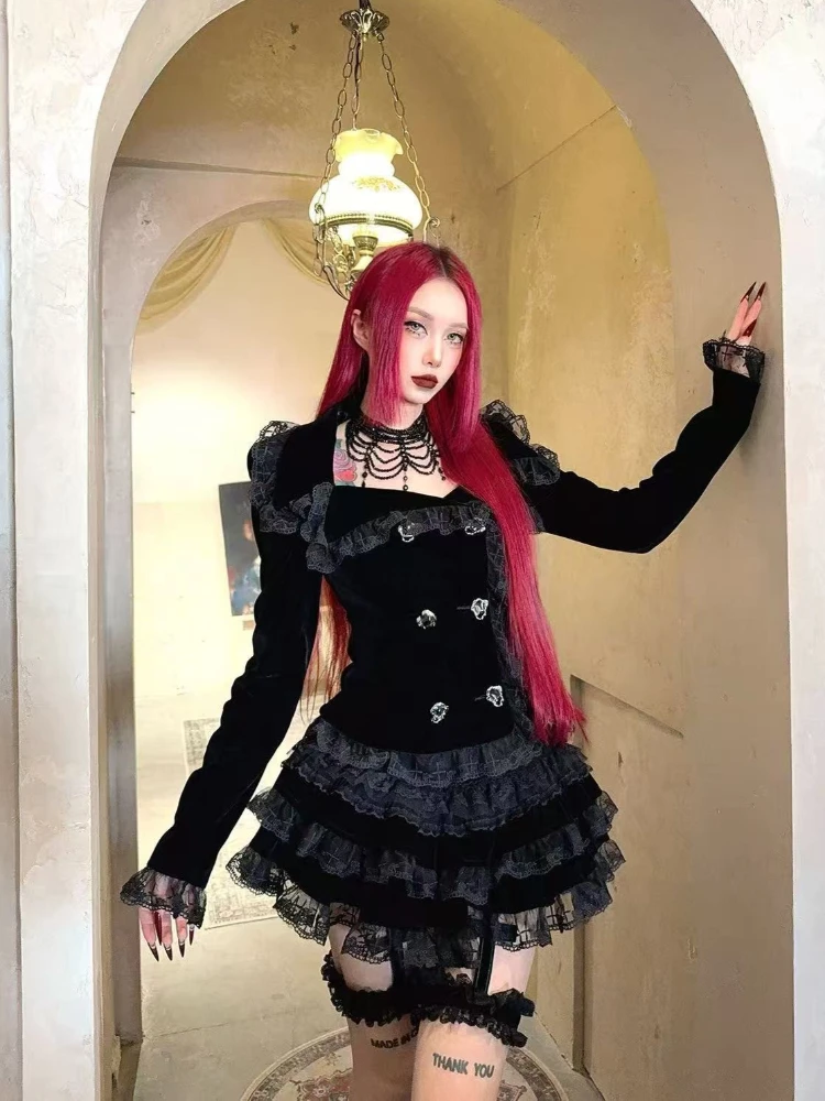 Gothic Palace Style Lace Black 2-piece Set Women High Street Darkly Slim Patchwork Cross Cake Skirt Suit Y2k Hot Girl Outfits