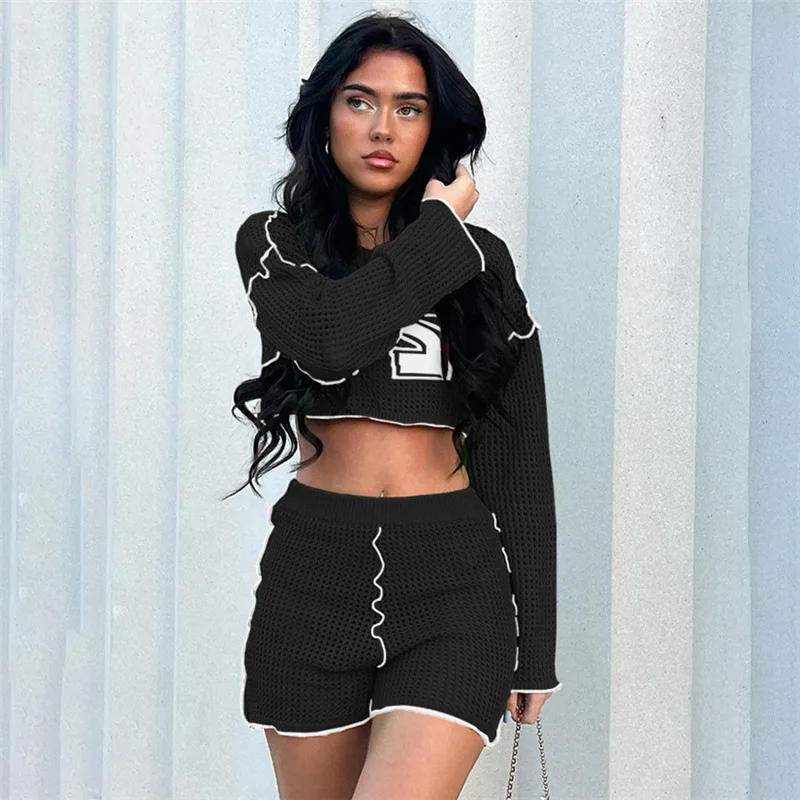 Fall Knitted Rib Short Two Piece Set Women Sexy O Neck Long Sleeve Crop Top + Shorts See Through Night Club Party Outfits Suits