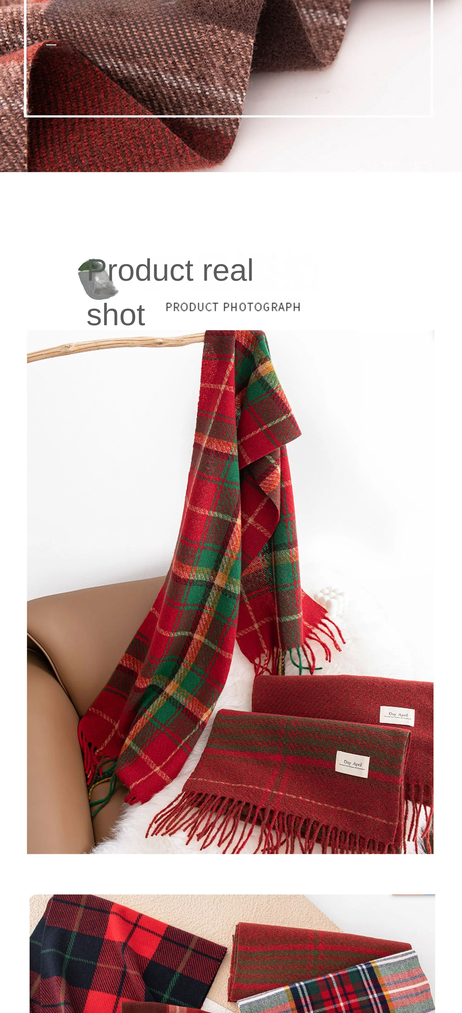 Weihnachtsroter Schal für Frauen, Kaschmirimitat, kariert, bedruckt, Plüschschal, Trend, hochwertiger warmer Schal, Quastenschals – Detail 6