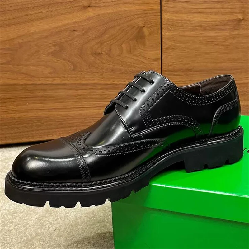 

New Brogue Height Increase Leather Shoes Men Luxury Wedding Dress Genuine Leather Lace-up Casual Thick Sole Derby Shoes Oxfords