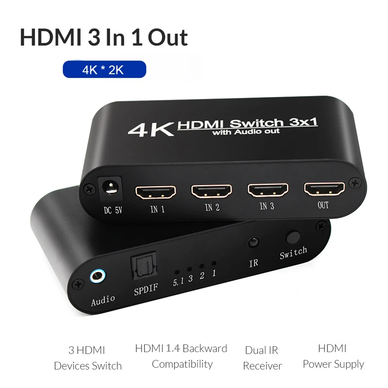 4K HDMI Switcher 3X1 3 untuk 1 1080P HDMI Ke HDMI Audio Extractor dengan Remote Audio SPDIF Out Untuk TV PC Proyektor Kamera