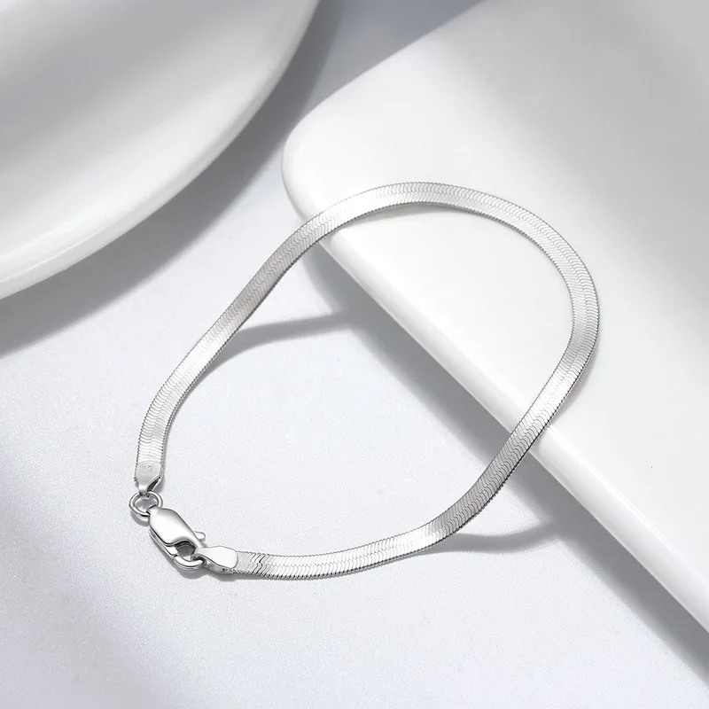 925 Sterling Silver Bracelet 4MM Blade Bracelet Flat Snake Chain Women's Simple Fashion Bracelet Birthday Party Jewelry Gift