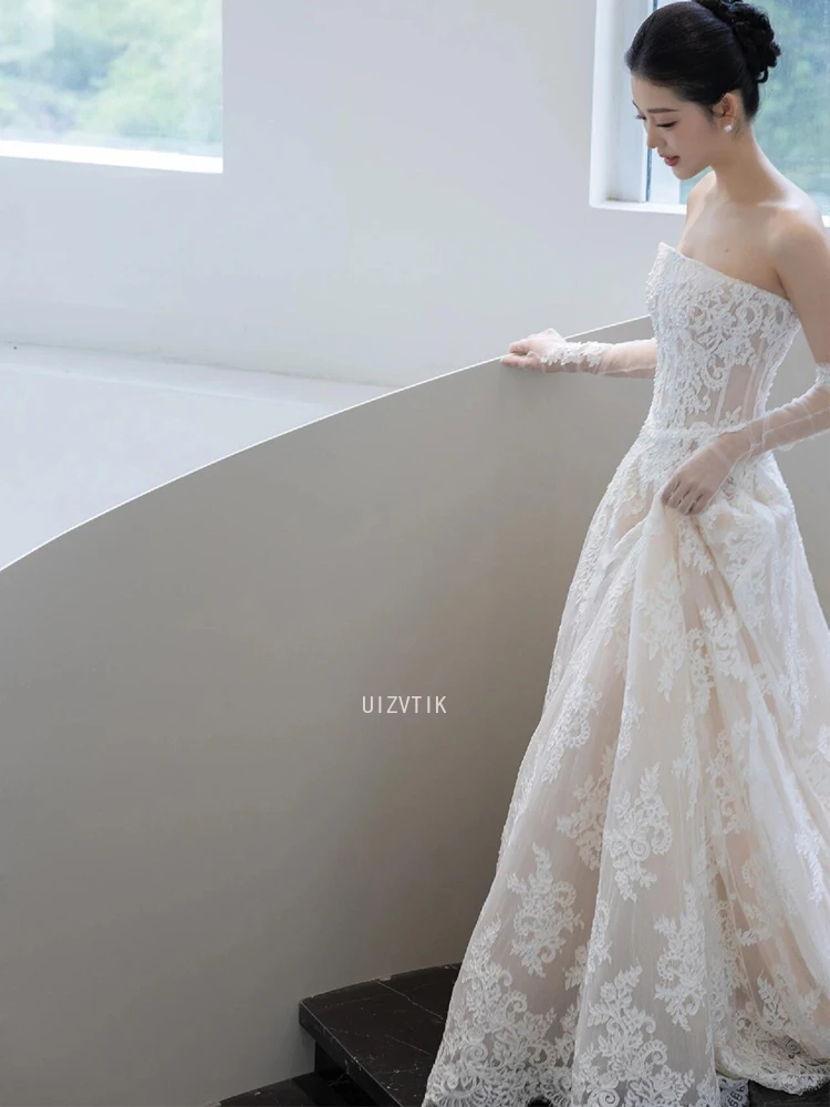 Vintage branco renda a linha vestido de casamento feminino sem alças rendas com luva vestidos de noiva simples coreia vestidos de sessão de fotos de casamento