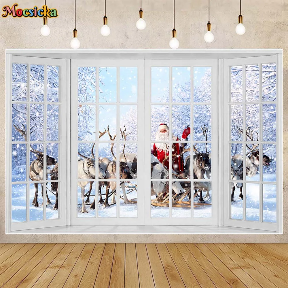 

Mocsicka Winter Christmas Backdrops Window Snow Scene Santa Claus Elks Family Portrait Photography Background Photo Studio Props