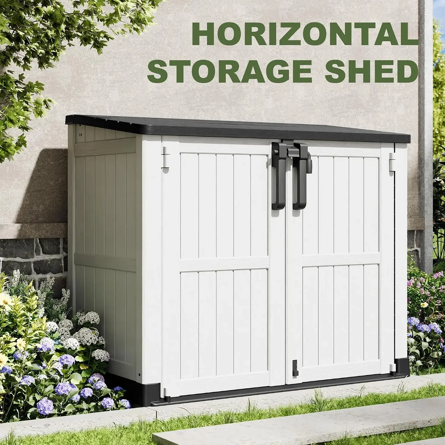 US Shipping Brand new Plastic Outdoor Storage Shed, 36 Cu Ft Waterproof Outdoor Storage Cabinet with Dual Lock Door for Backyard