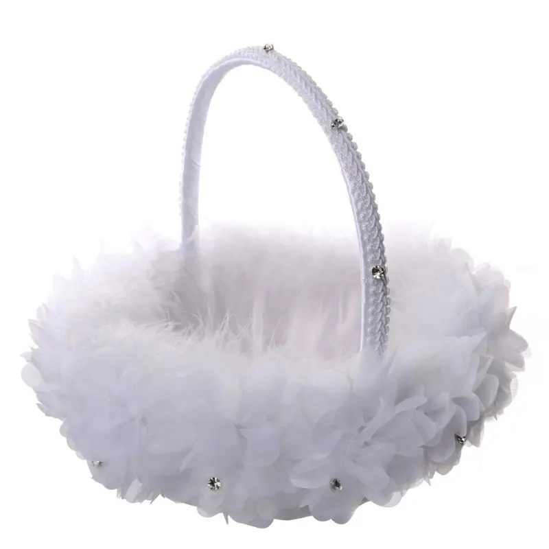 Wedding Flower Girl Basket with Ostrich Fluff and Lace Flowers,9 inch by 9.4inch