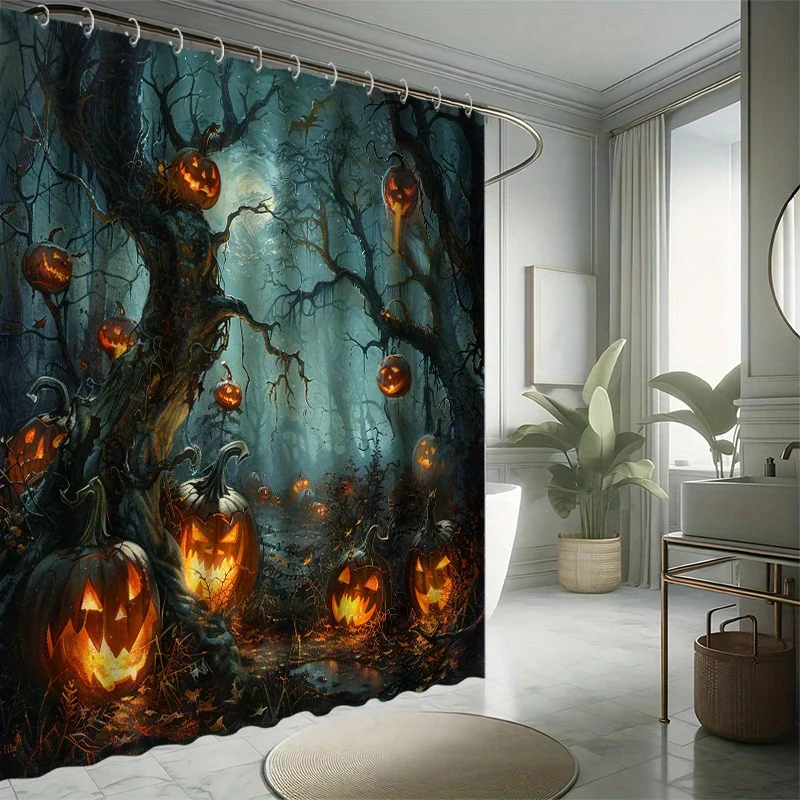 Shower Curtains Halloween, Pumpkin Head Bath Curtain Set, Horror Forest, Halloween Themed Shower Curtain