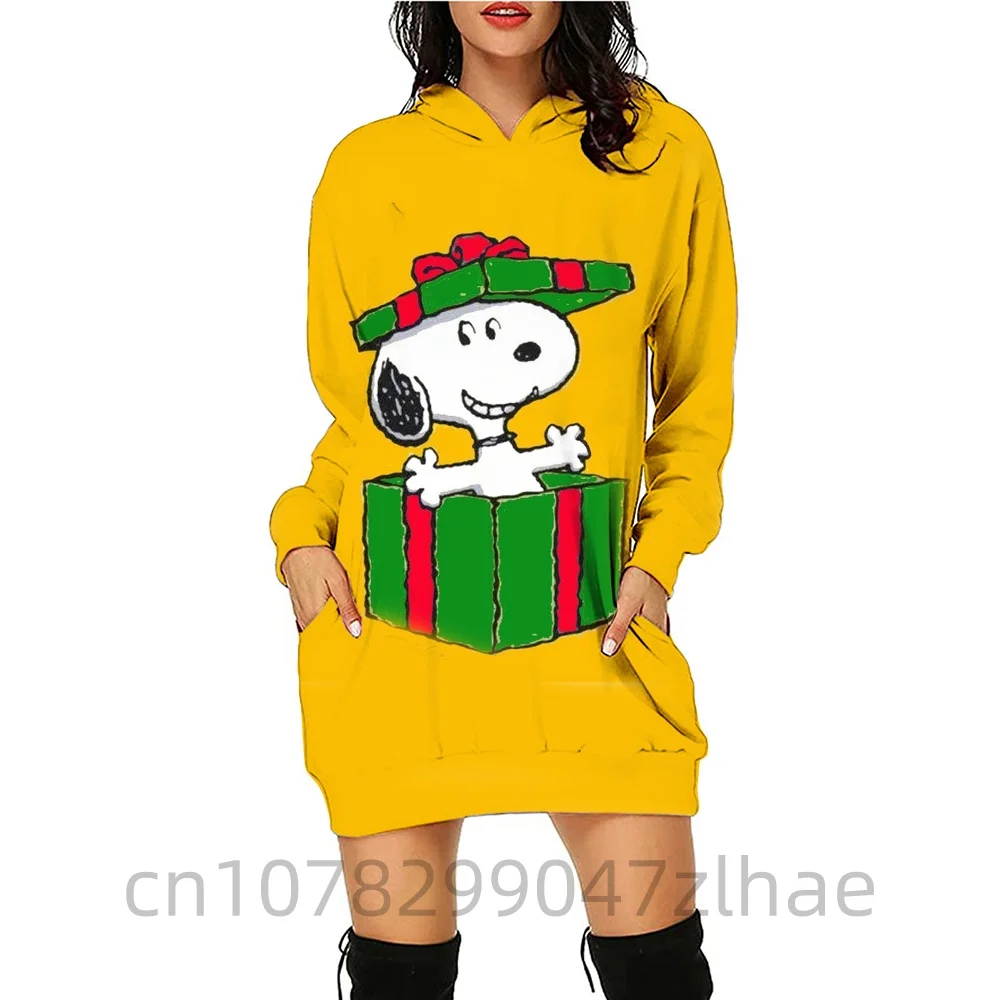 Autumn and winter women's Snoopy print Disney simple and comfortable hooded sweatshirt y2k Christmas casual long sleeved dress