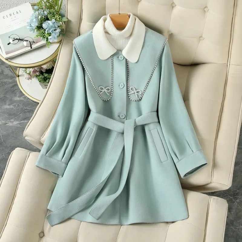 

High-end Double-sided Coat In Autumn And Winter 2023 Long-Sleeved Temperament Wool Woolen Pearl Decorative Suit Jacket