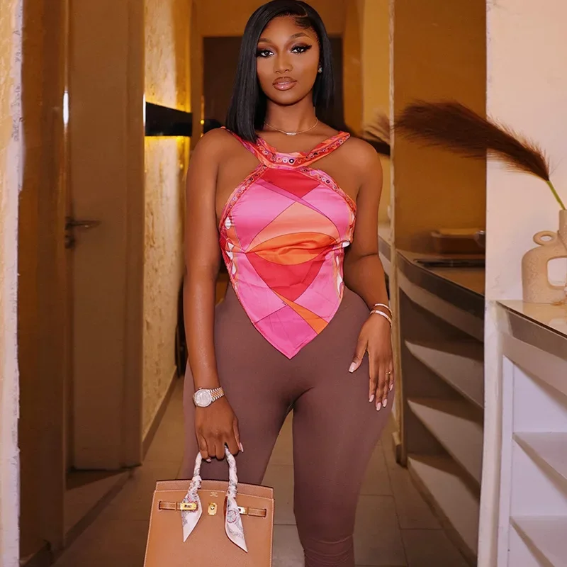 Women 2 Piece Outfit Sexy Halter Crop Top Brown High Waist Capri Leggings Bodycon Matching Set Streetwear Club Suits