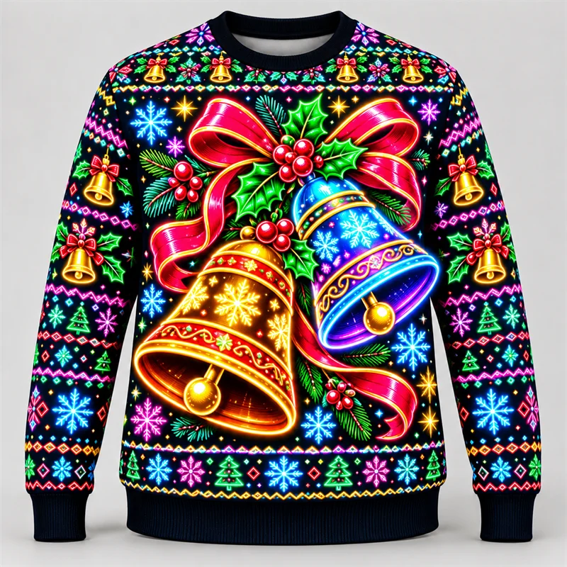 Jingle Bells Neon Ugly Christmas Sweatshirt Men Mouse Stocking Nutcracker Clock Tower Print Crewneck Long Sleeve Party Pullover