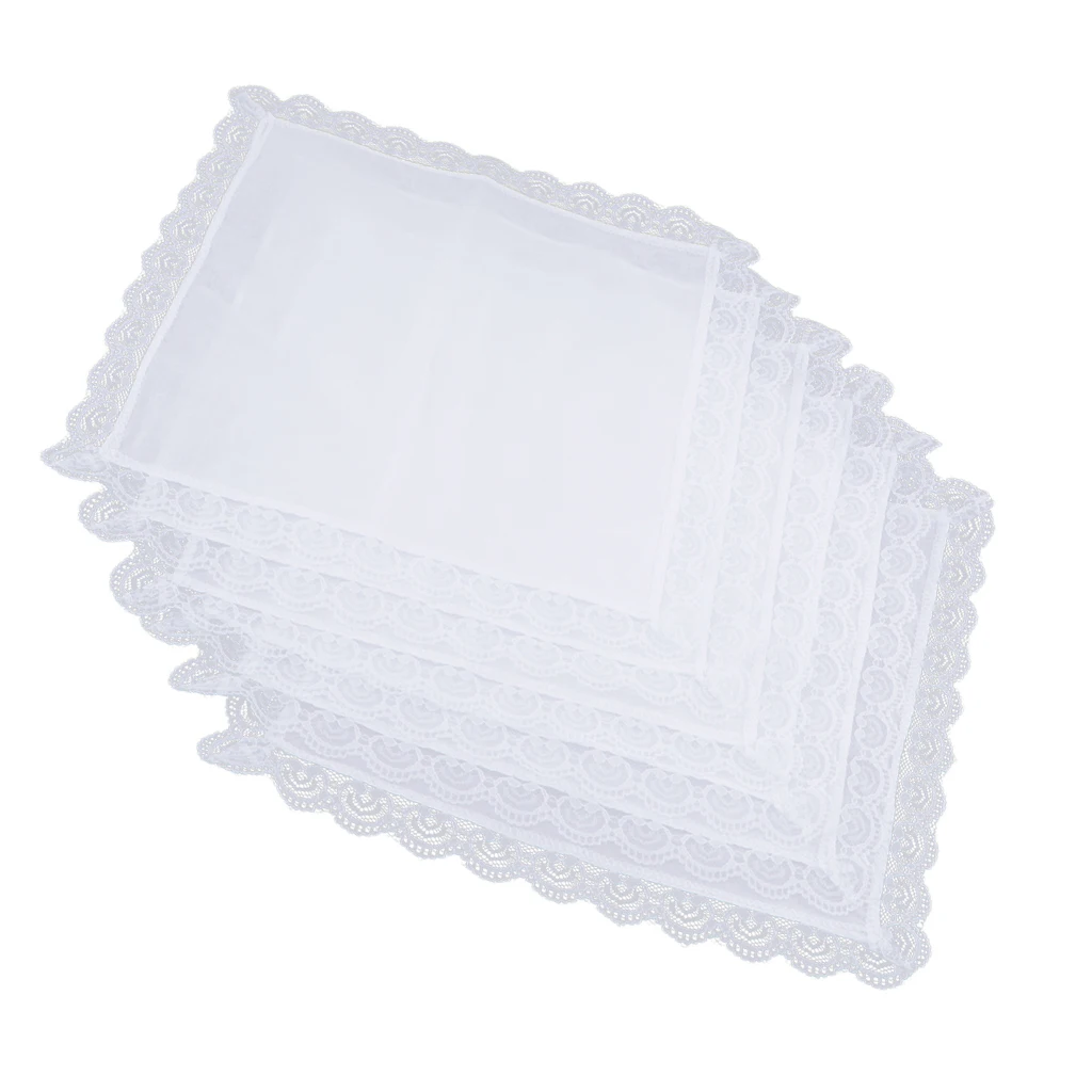5x Cotton Hanky Lace Embroidery White Hankie