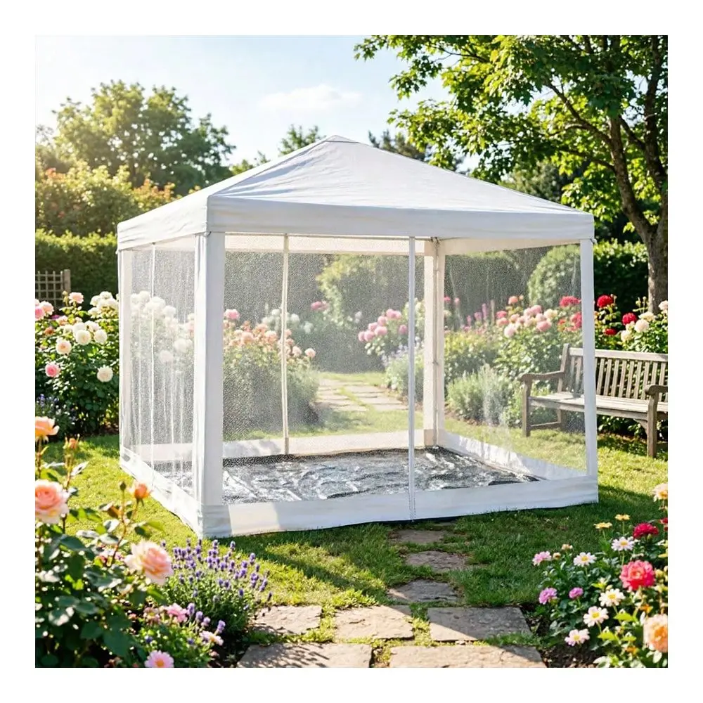 

FT Outdoor Pop Canopy Tent With Mesh Sidewalls Waterproof PE White Party Gazebo For Camping, Patio, Backyard, And Events
