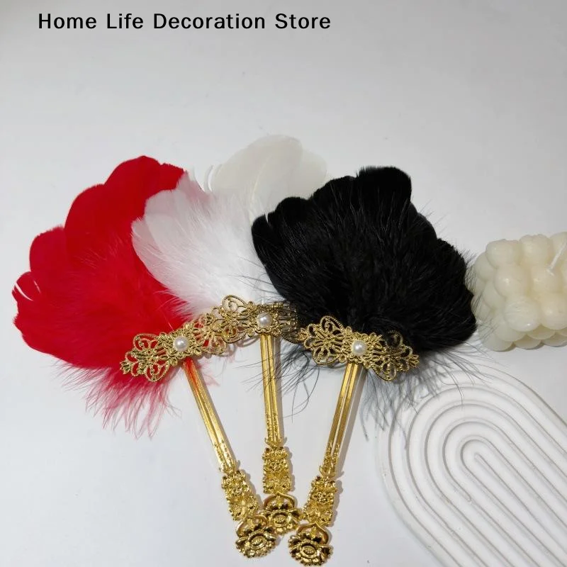 【H】1Pcs Gold Handle Colorful Vintage Fluffy Feather Hand Fan Chinese Style Fairy Fan Dance Fan Stage Performances