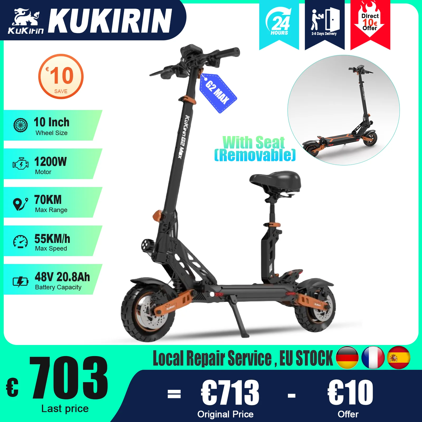 KuKirin G2 MAX Adult Electric Scooter 55 km/h Max Speed 70KM Long Range 1200W Powerful Motor 48V 20.8AH 10Inch Off-road Tyres