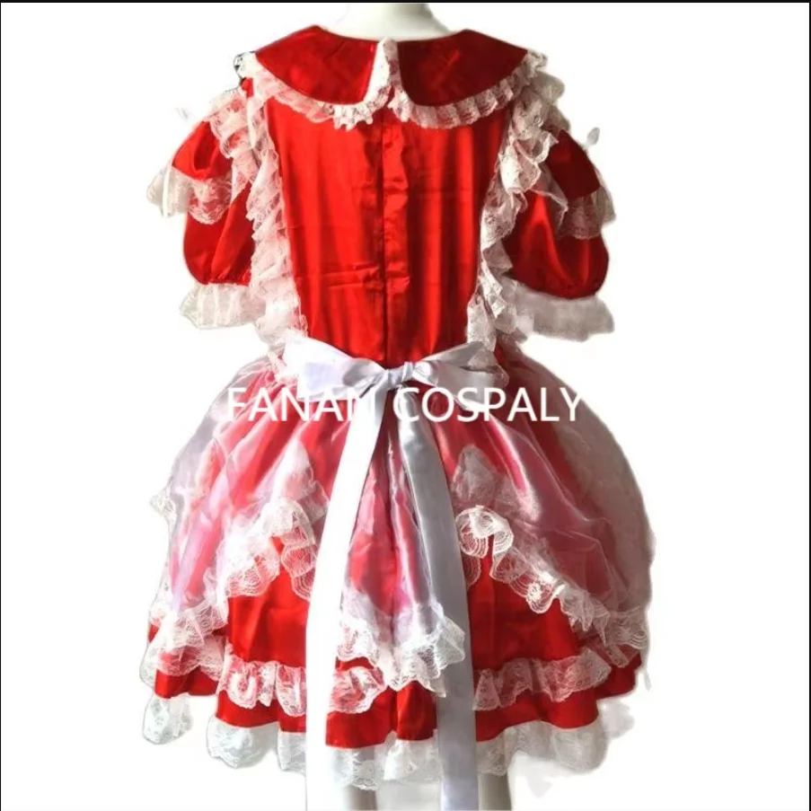 Erwachsenes Riesenbaby Sexy Mädchen Rot Dünn Weiß Garn Spitzenkante Satin Gesicht Sissy Kurzarmkleid Maßgeschneidert von Japanischem Dienstmädchen