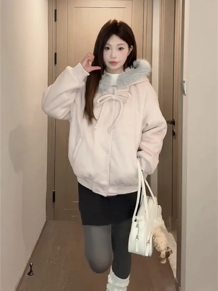 Sweet Sle Women's Baseball Jaet with Fur Collar Bow Tie Hooded Coat Korean High-End Feel Autumn Winter New Arrival