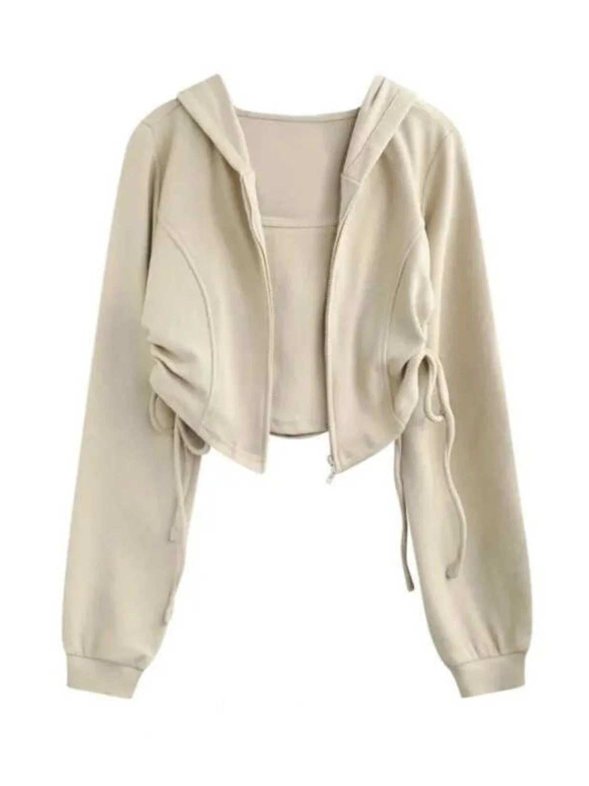 

Женский повседневный спортивный укороченный худи-жакет с капюшоном и жилетом на шнурке, комплект из двух предметов, осенне-зимний, новый дизайн, рукава «летучая мышь»