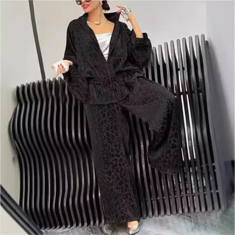 Spring Autumn Fashion Leopard Print 2 Piece Sets Women Fall Lapel Zipper Drawstring Coat Wide-leg Pants Outfit  Long Sleeve Suit